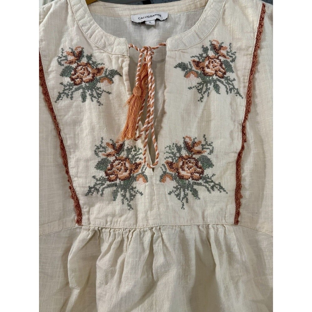 Calligraphie XL Ivory Floral Embroidered Cotton Peasant Blouse Boho Tassel Top - Picture 3 of 9